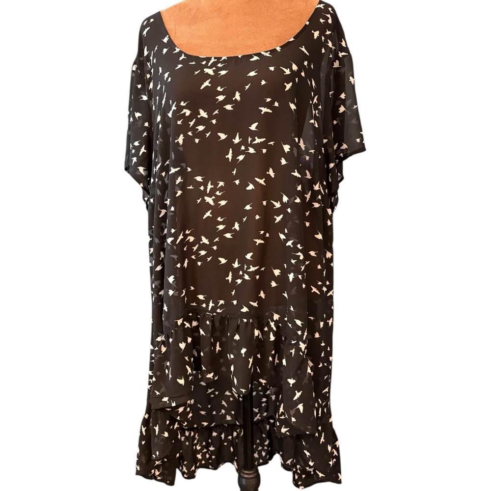 Torrid Sheer High Low Hem Blouse Black With White Bird Print Short Sleeve Size 3